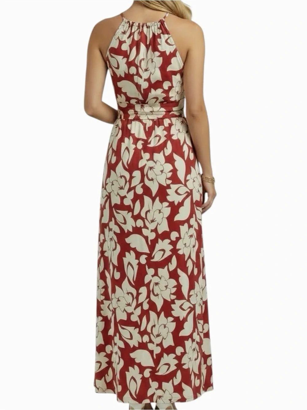 NWT LONDON TIMES Red & Ivory Floral Halter Keyhole Front/Back Maxi Dress Size 6